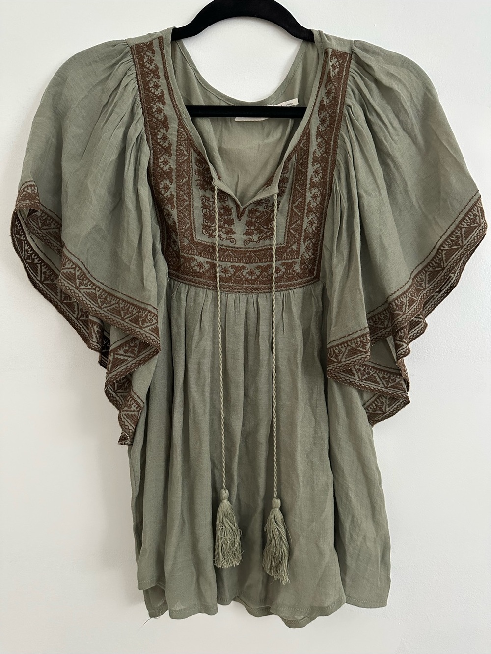 Blue Bird Boho Green Top with Brown Embroidered Trim
